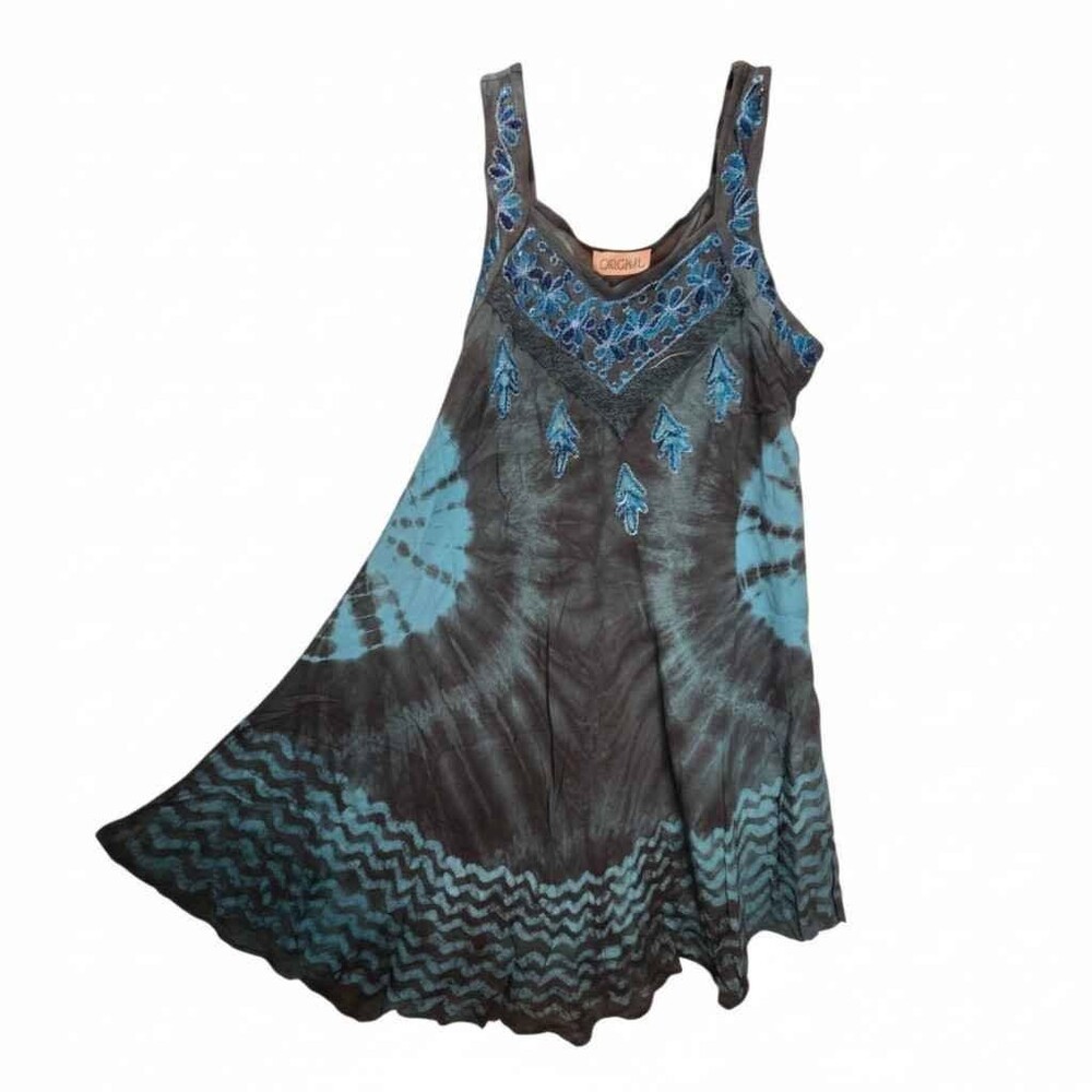 Teal Tie-Dye Sunburst Embroidered Sleeveless Indian Dress One Size V-Neck